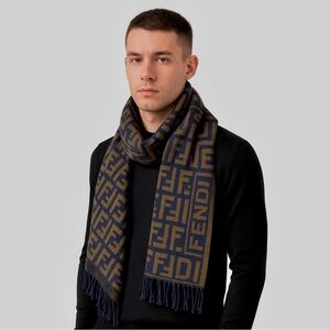 FENDI Navy Blue Tan Wool Silk Scarf with Decorative Tassels